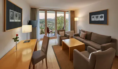 Geräumiges Wohnzimmer mit einem Sofa und zwei Sesseln an einem Couchtisch. Ein Schreibtisch mit Stuhl und einem Blick zum Balkon ins Grüne.
