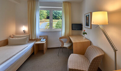 Helles Zimmer mit Einzelbett, Sessel und Fernseher. Großes Fenster mit Blick ins Grüne.