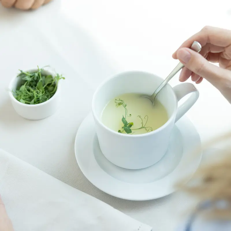 Eine Brühe in einer weißen Tasse. Der Tisch, das Geschirr und die Serviette sind weiß