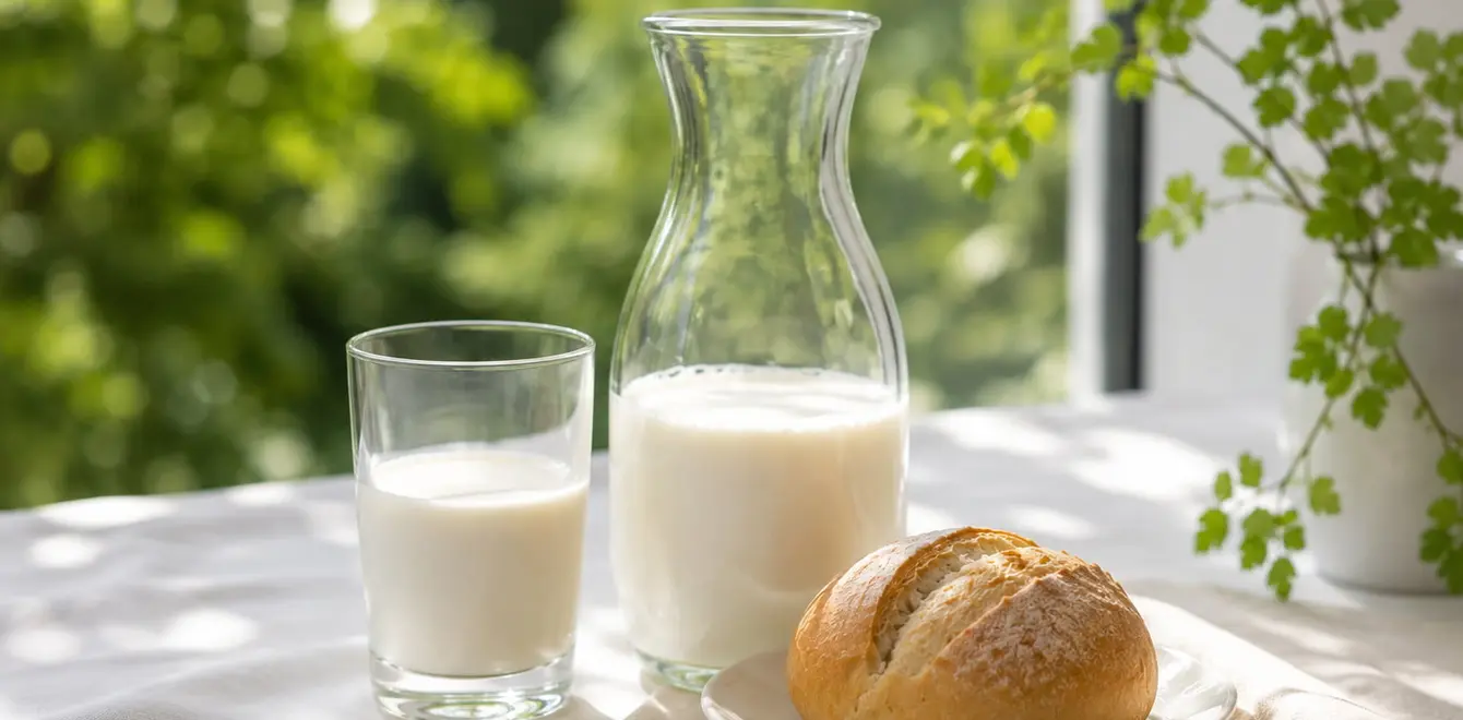 Ein Brötchen liegt auf dem Teller, eine Karaffe Milch und ein Glas Milch stehen daneben