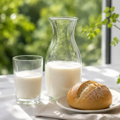 Ein Brötchen liegt auf dem Teller, eine Karaffe Milch und ein Glas Milch stehen daneben