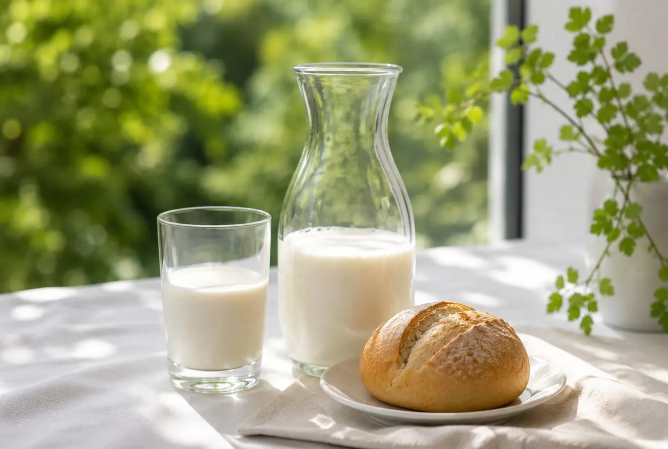 Ein Brötchen liegt auf dem Teller, eine Karaffe Milch und ein Glas Milch stehen daneben