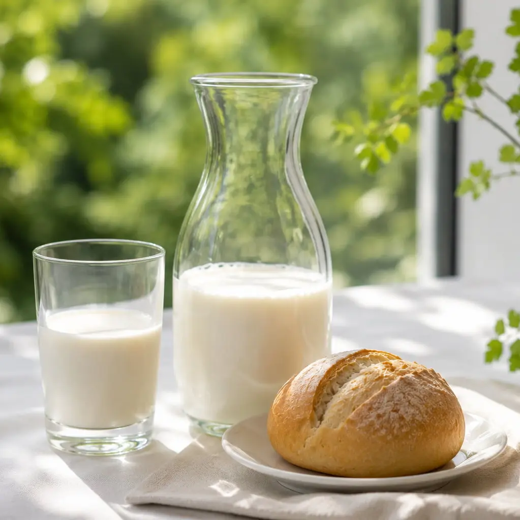 Ein Brötchen liegt auf dem Teller, eine Karaffe Milch und ein Glas Milch stehen daneben