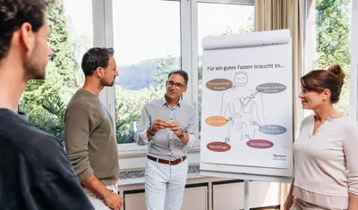 Ein Mann steht vor einem Flipchart mit der Überschrift "Was braucht es für gutes Fasten". Dabei stehen eine Frau und zwei Männer