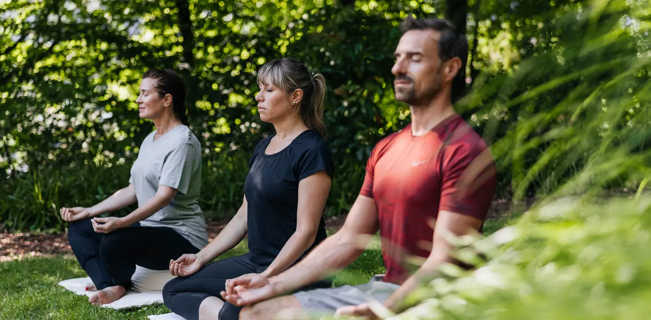 Zwei Frauen und ein Mann meditieren nebeneinander auf einer Wiese im Schatten von Bäumen