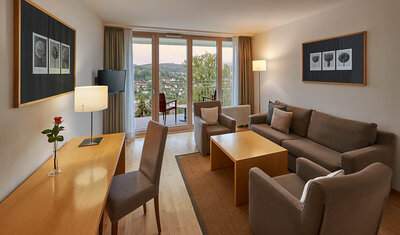 Geräumiges Wohnzimmer mit einem Sofa und zwei Sesseln an einem Couchtisch. Ein Schreibtisch mit Stuhl und einem Blick zum Balkon ins Grüne.